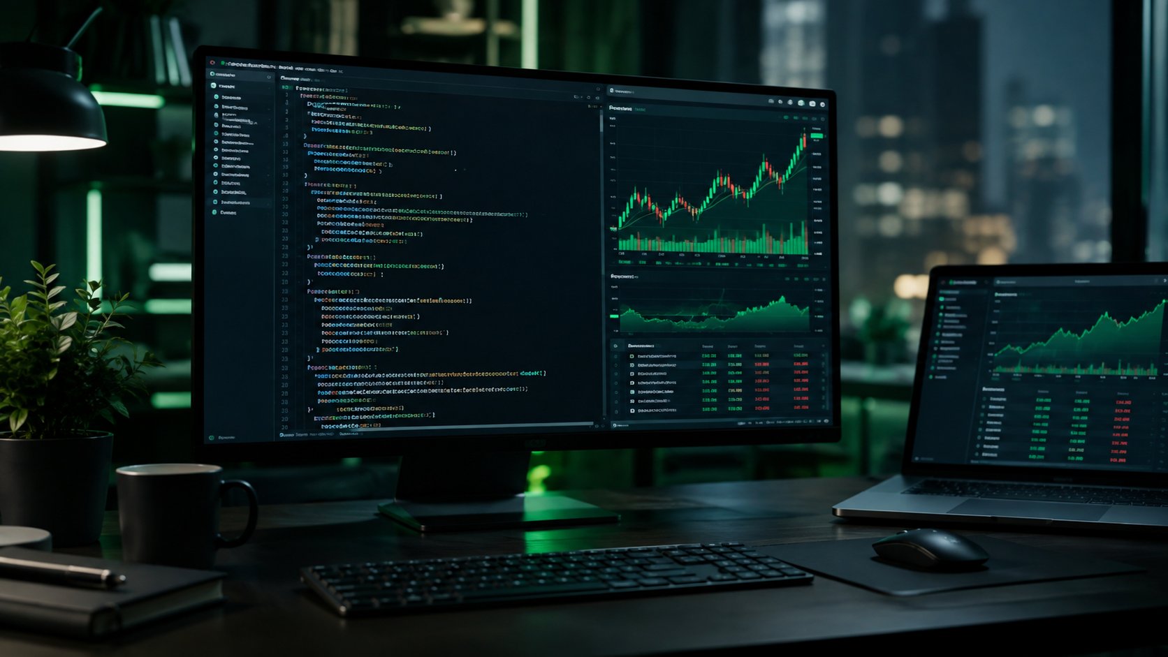 Code on a screen next to live charts in a developer workspace